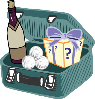 lucky-lunch-box-clip-art Lunch Box, golf balls, bottle of wine and surprise present clip art