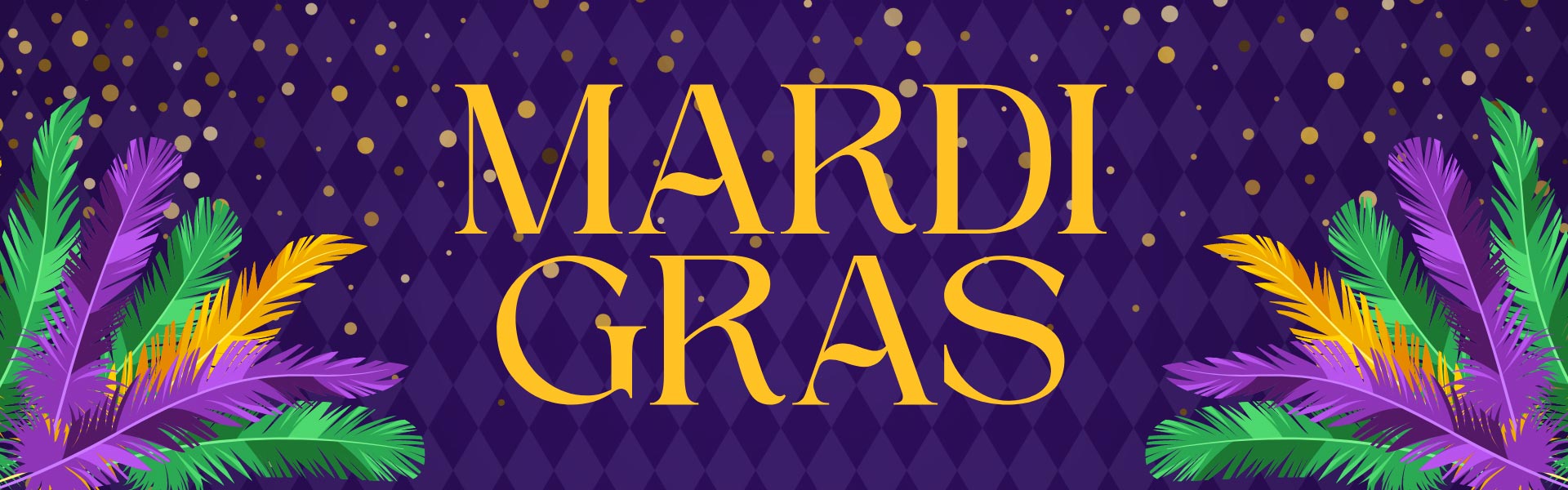 Stylized text: Mardi Gras with feathers and other design elements