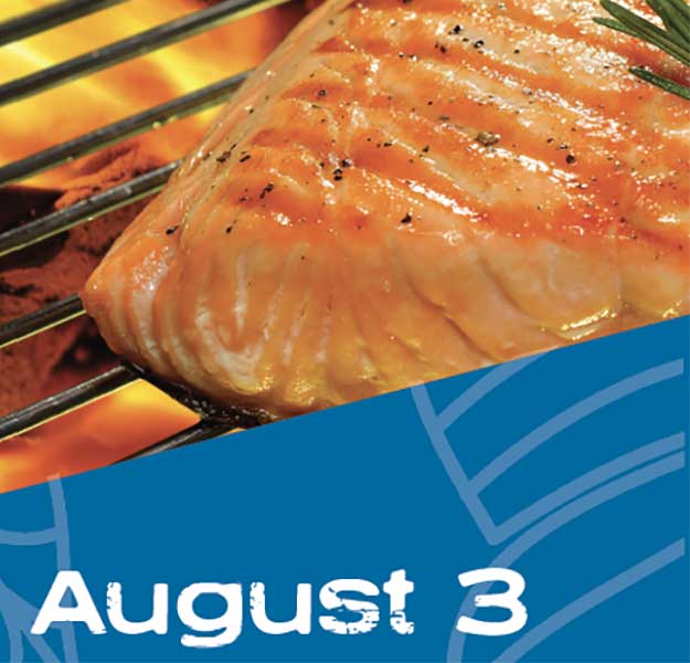 salmon on grill with text: August 3