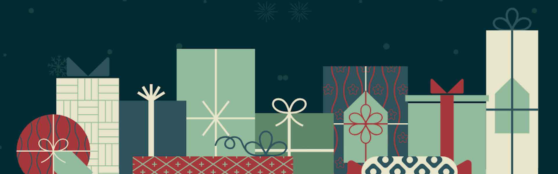 A variety of wrapped presents with snowflake background